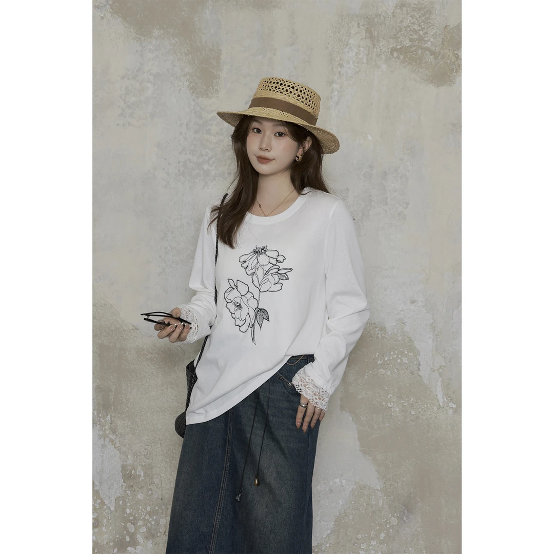 现货大婉酱微胖定制【雪松棉牡丹T】韩系刺绣拼接T恤宽松上衣9841D