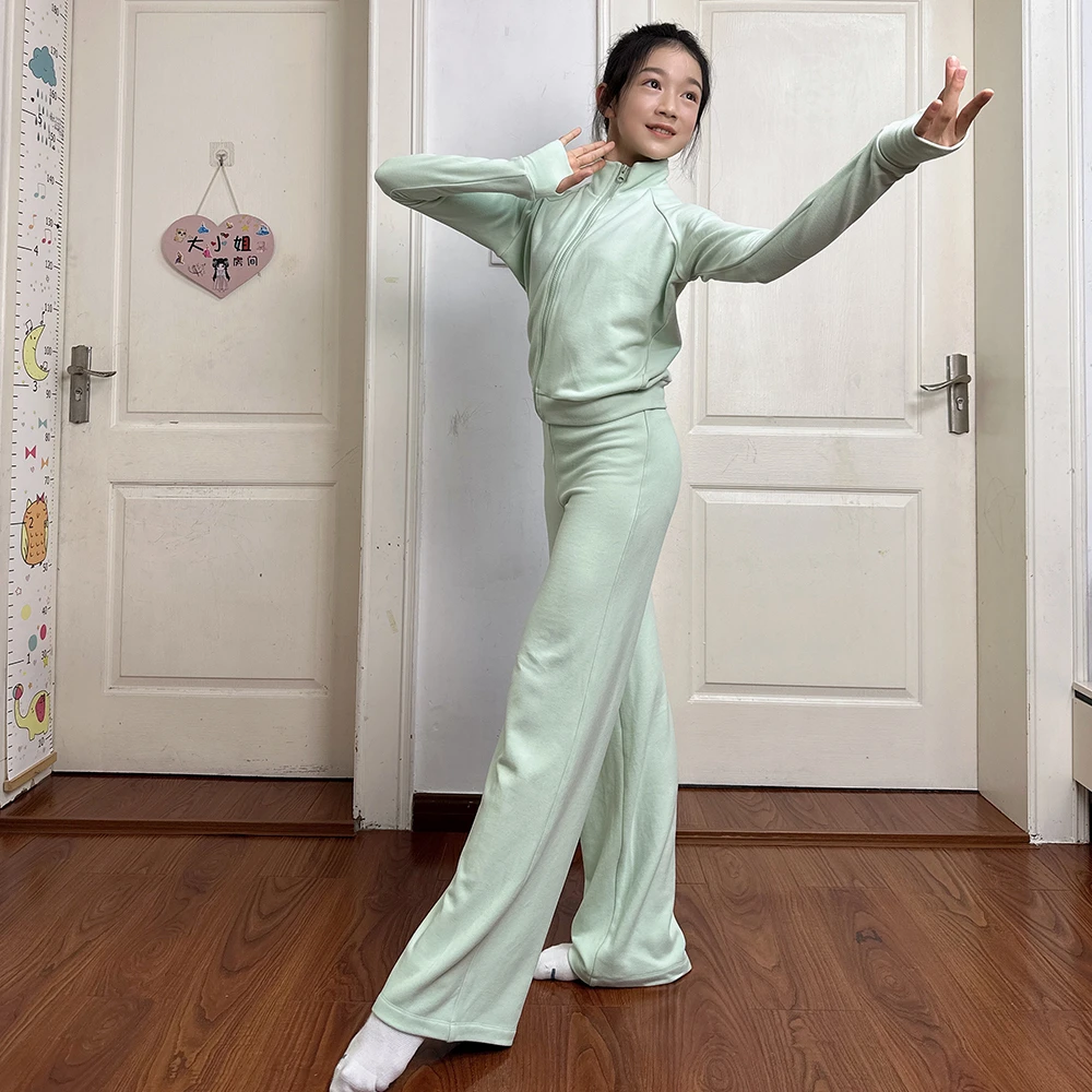加厚澳绒舞蹈服套装练功服女童成人浅绿春秋气质百搭套装