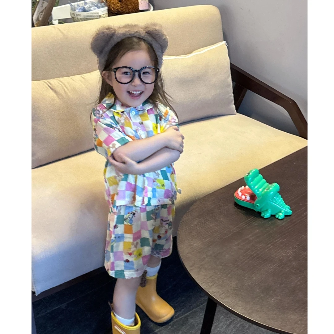 甜小七2025夏季女童时尚休闲百搭格子娃娃领短袖上衣可爱短裤套装