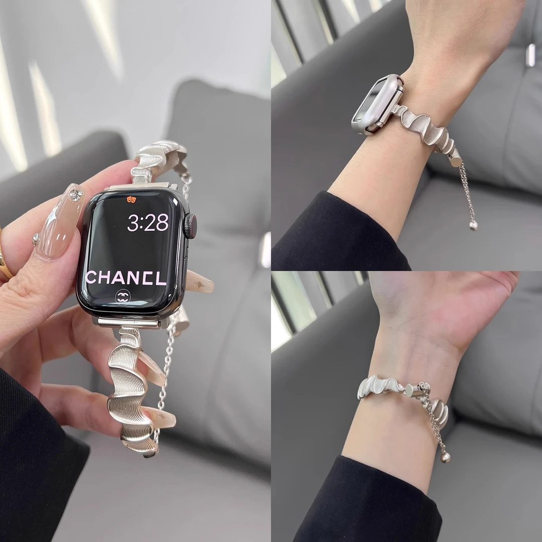 适用苹果手表iwatchS11表带s10金属手镯S9波浪纹细款不锈钢手链女