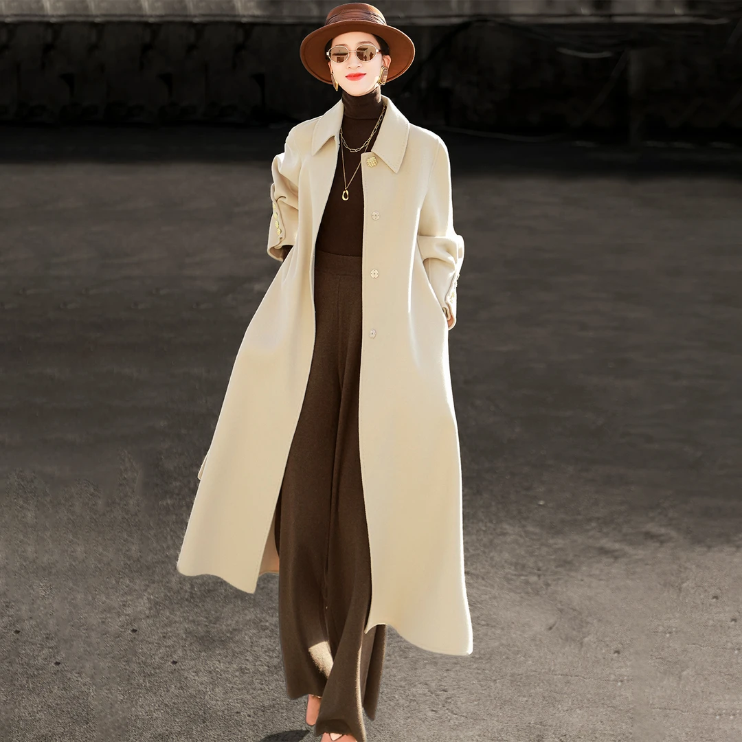 兰瑟儿冬季外套新款气质金属扣含山羊绒绵羊毛双面大衣815DE0761