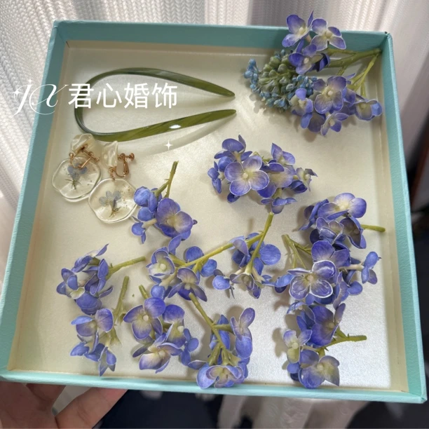 君心家 原创紫丁香晨袍小花花套装新中式旗袍造型仿真花头饰