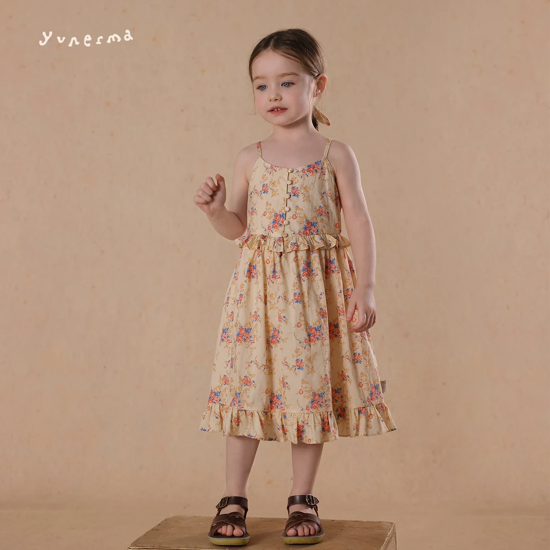 允儿妈女童夏季复古碎花吊带连衣裙宝宝时尚纯棉公主裙儿童礼服裙