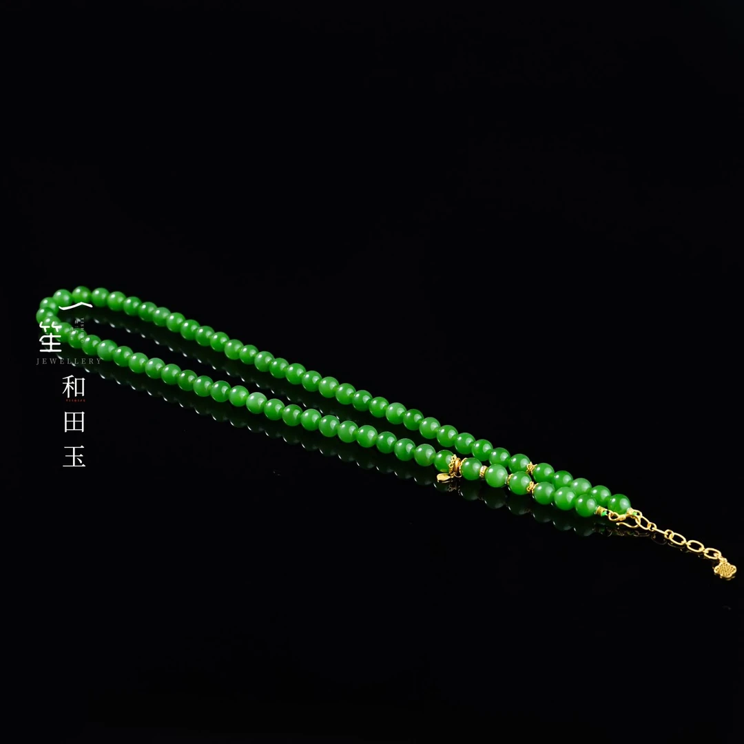 【一笙珠宝】天然和田玉碧玉俄7老料翠色项链18k金镶嵌约7mm DY6715