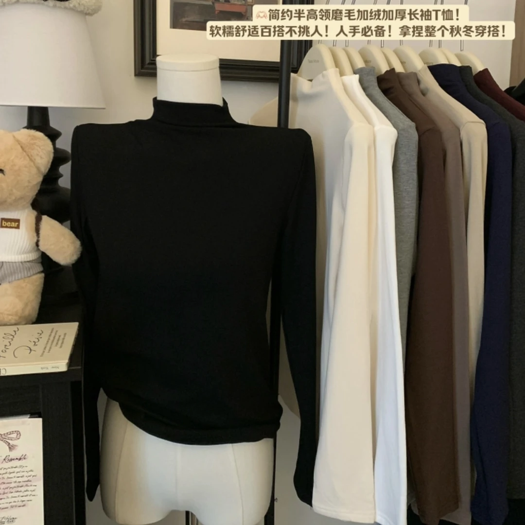 【清清】磨毛加厚基础款纯色半高领内搭长袖套头T恤打底上衣#8924