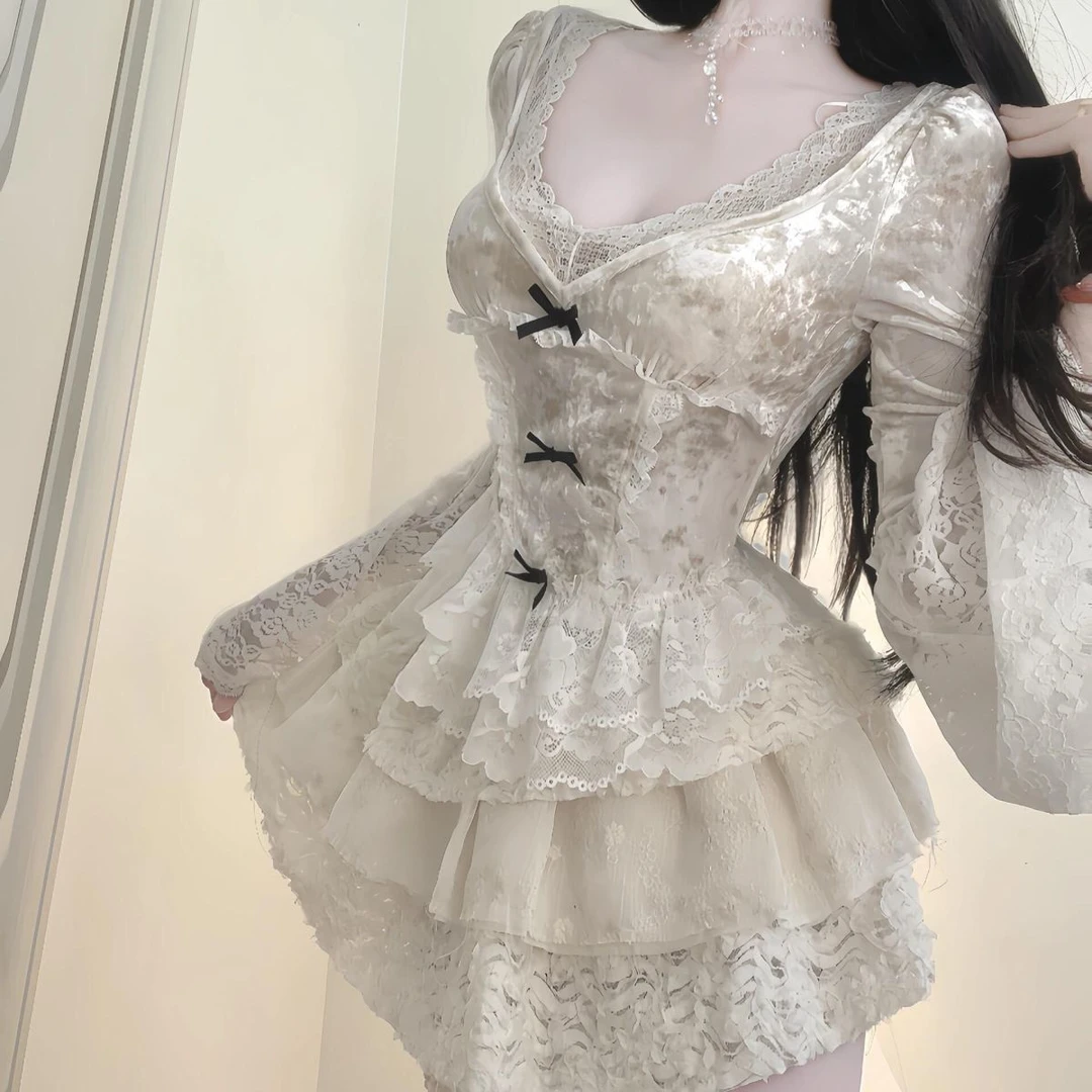 法式蕾丝边春秋套装收腰设计感ol上衣女时尚小衫+蓬蓬短裙两件套