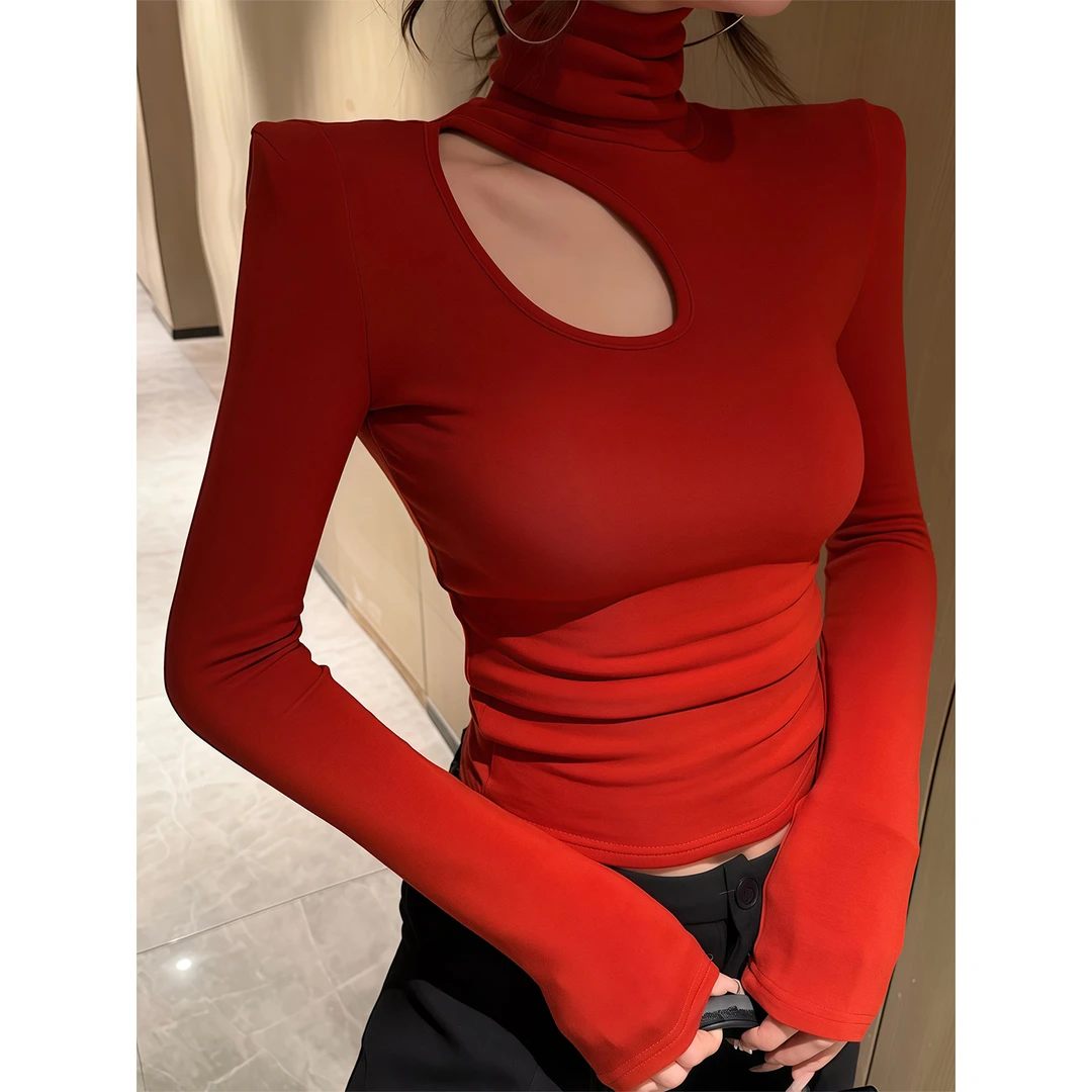 韩系时尚镂空高领长袖T恤女2026秋冬季新款休闲百搭修身显瘦上衣