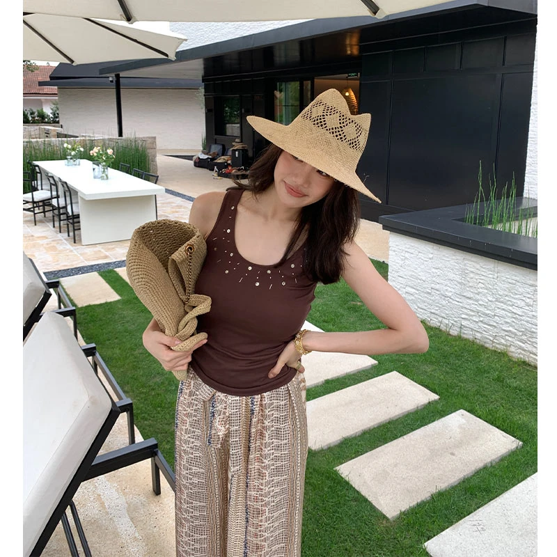 【ALONE SAVOR】龍喜儿 棕榈岛 度假风休闲设计感U领吊带背心J251