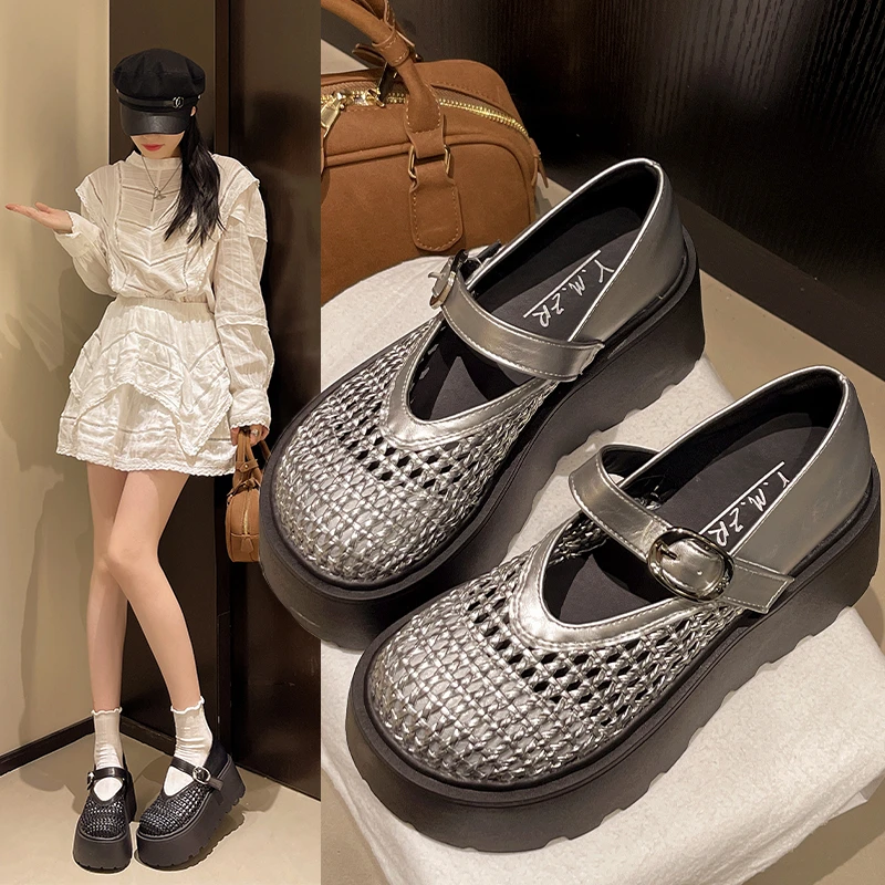 【断码清仓！】小个子厚底增高7cm玛丽珍镂空女鞋2025春夏新款勃肯鞋