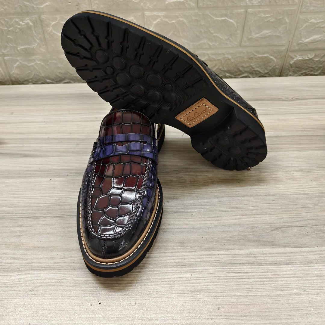 1820-198双色鳄鱼。拼接系带雕花德比鞋英伦风商务休闲皮鞋透气