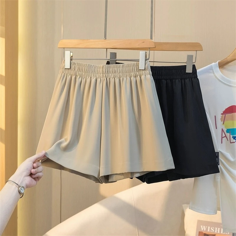 冰丝雪纺阔腿短裤女夏季松紧腰a字西装热裤小个子宽松休闲三分裤