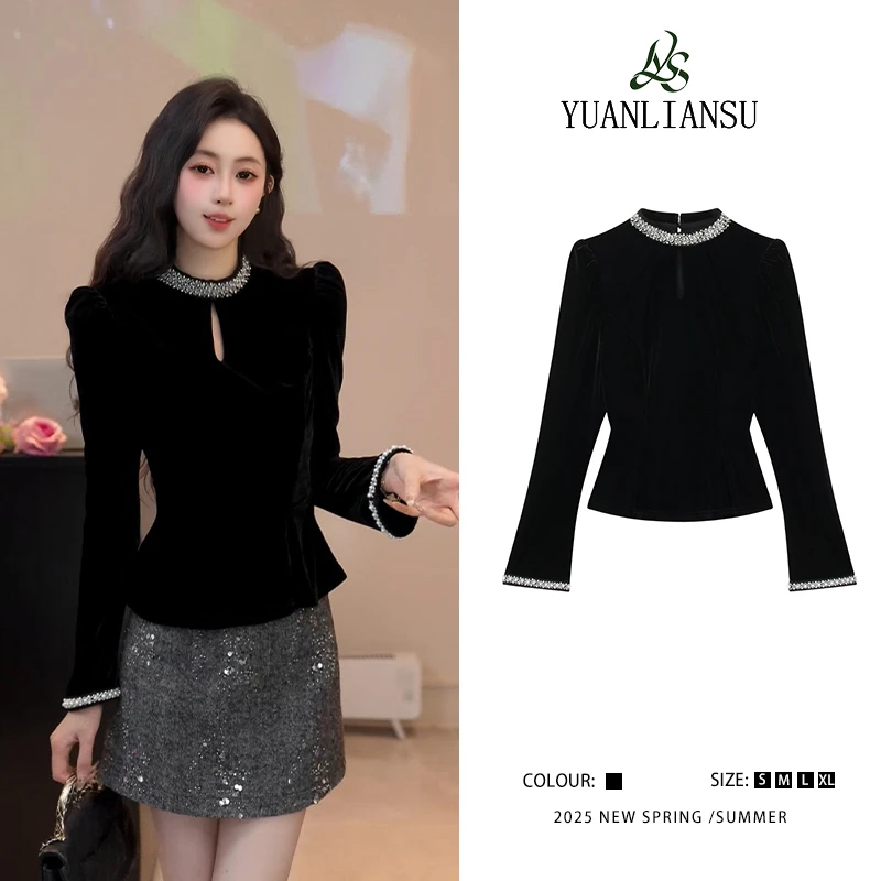 YUANLIANSU/圆脸酥【梦回罗马】小香风钉珠镂空收腰显瘦丝绒衬衫女