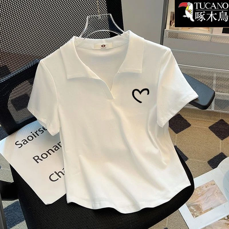 啄木鸟刺绣POLO领短袖时尚T恤2025年新款夏季不规则设计感上衣女