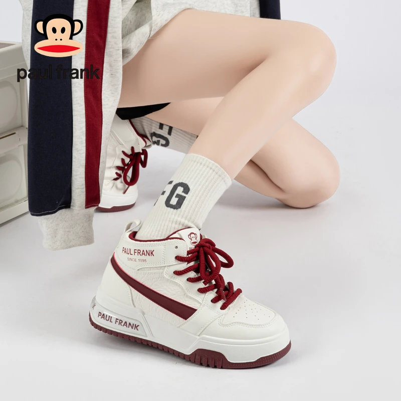 大嘴猴高帮鞋女2025新款米白酒红拼接厚底鞋复古休闲运动风板鞋