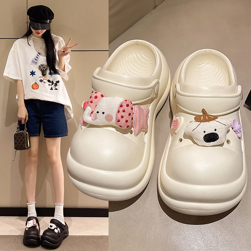 耍鞋 厚底洞洞鞋女款外穿增高海边沙滩鞋踩屎感包头凉拖鞋女夏季