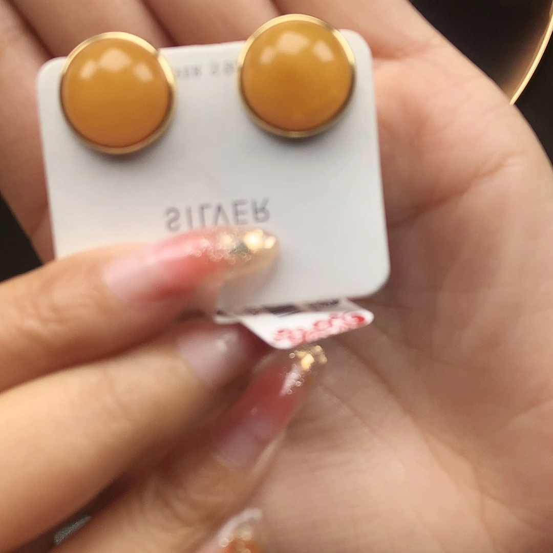 蜜蜡耳饰银S925镶嵌耳钉