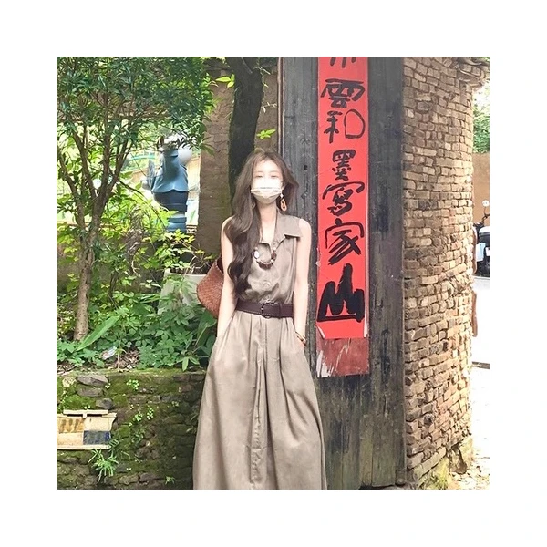 美树 Y.JIA 伊嘉-复古棉麻无袖衬衫裙长款连衣裙(配腰带)6980-5