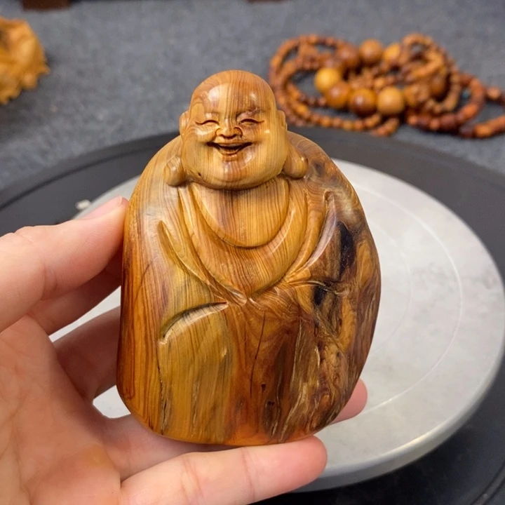 柏木崖柏弥勒佛手把件小摆件