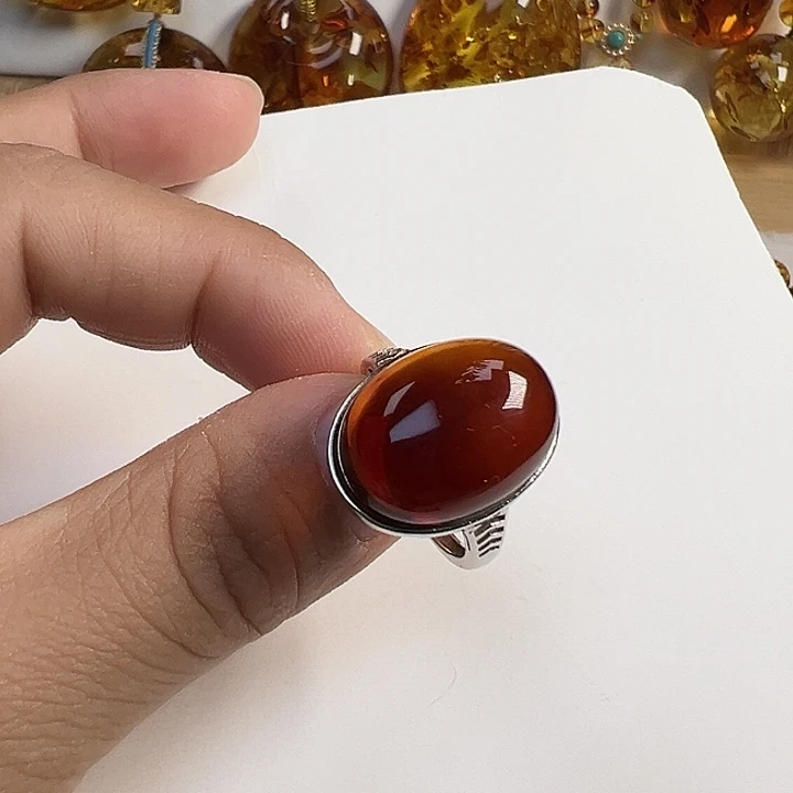 血珀银S925镶嵌戒指血珀