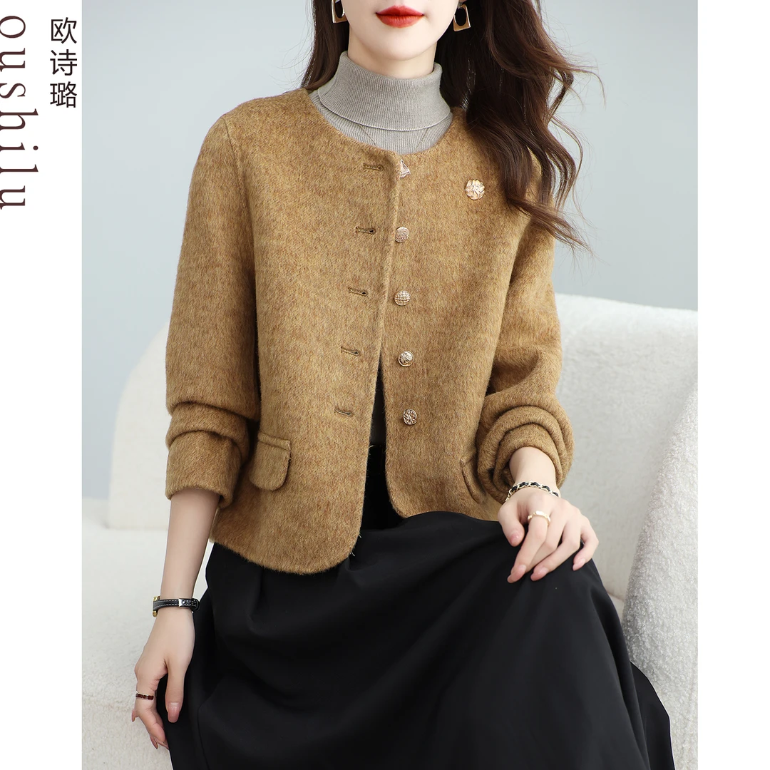 韩版2025新款双面呢羊毛大衣女短款小个子圆领百搭单排扣毛呢外套