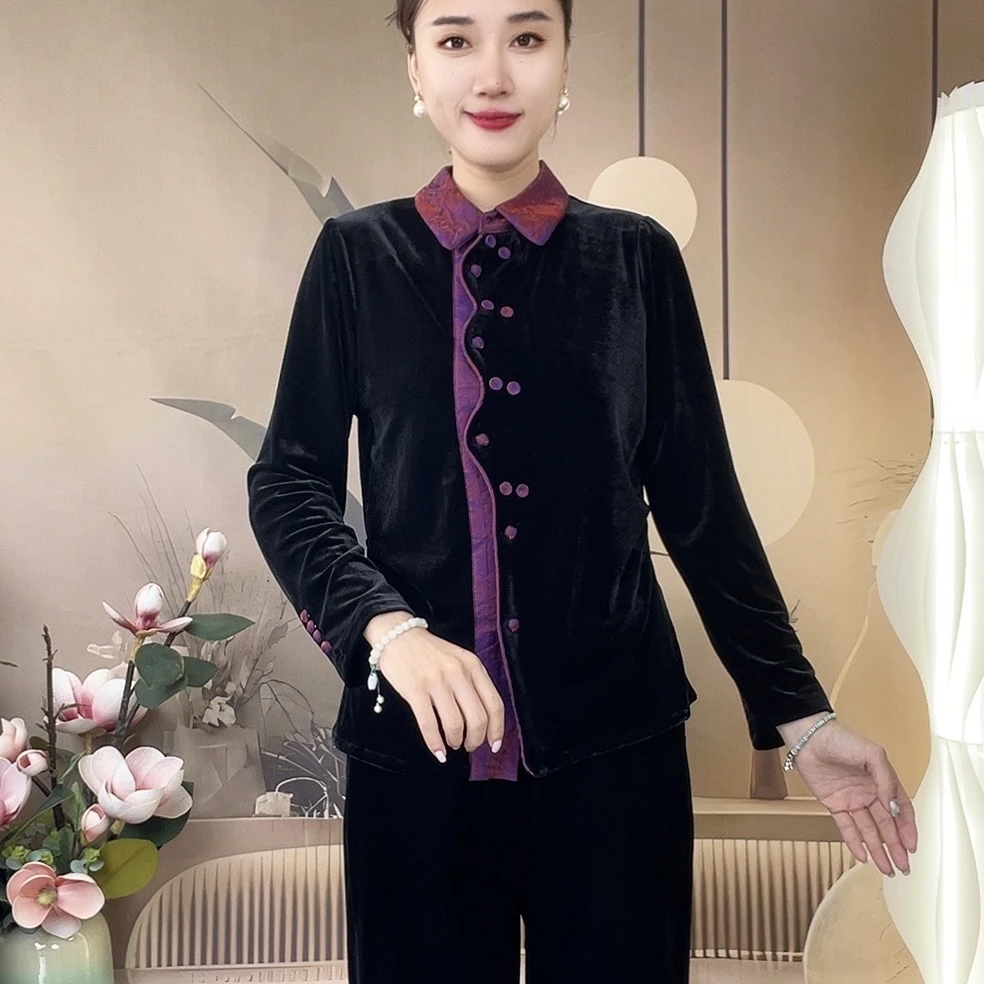 方领丝绒中老年妈妈开衫上衣显瘦宽松气质
