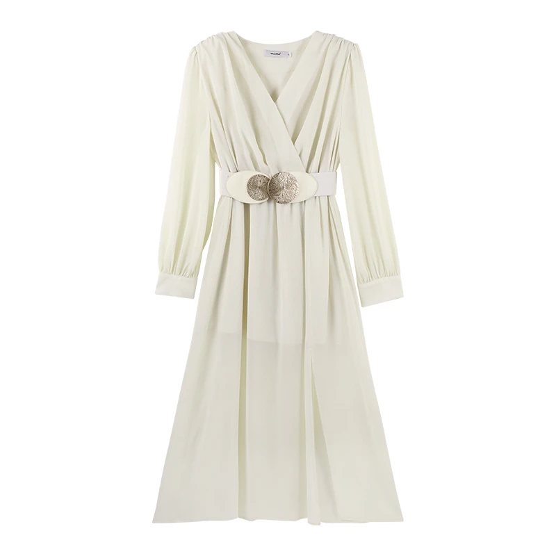 DENGDAHA收腰连衣裙女夏季度假风V领系带长袖连衣裙HBZC622067