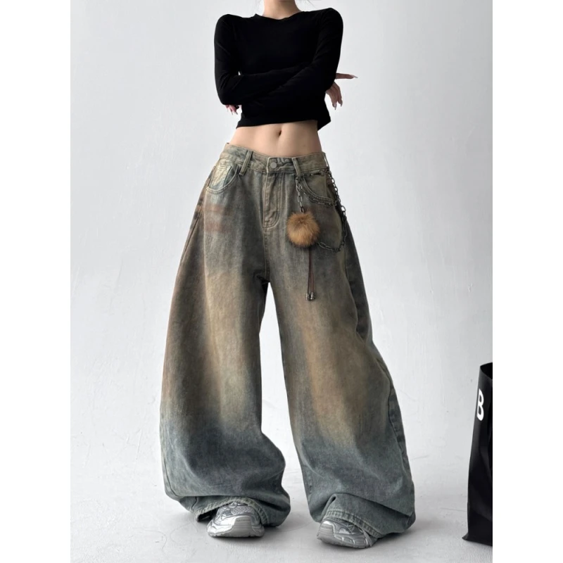 美式复古做旧设计感阔腿牛仔裤男女秋冬新款街头百搭宽松拖地长裤