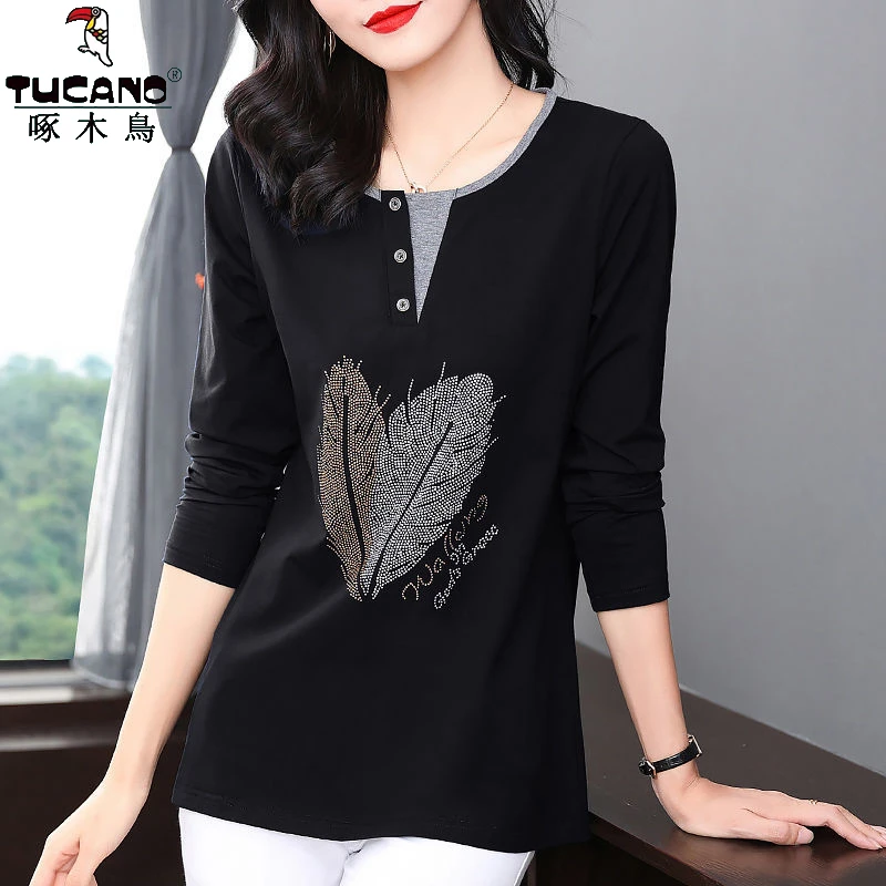 啄木鸟纯棉假俩件长袖T恤春秋新款百搭印花复古圆领遮肉薄款上衣