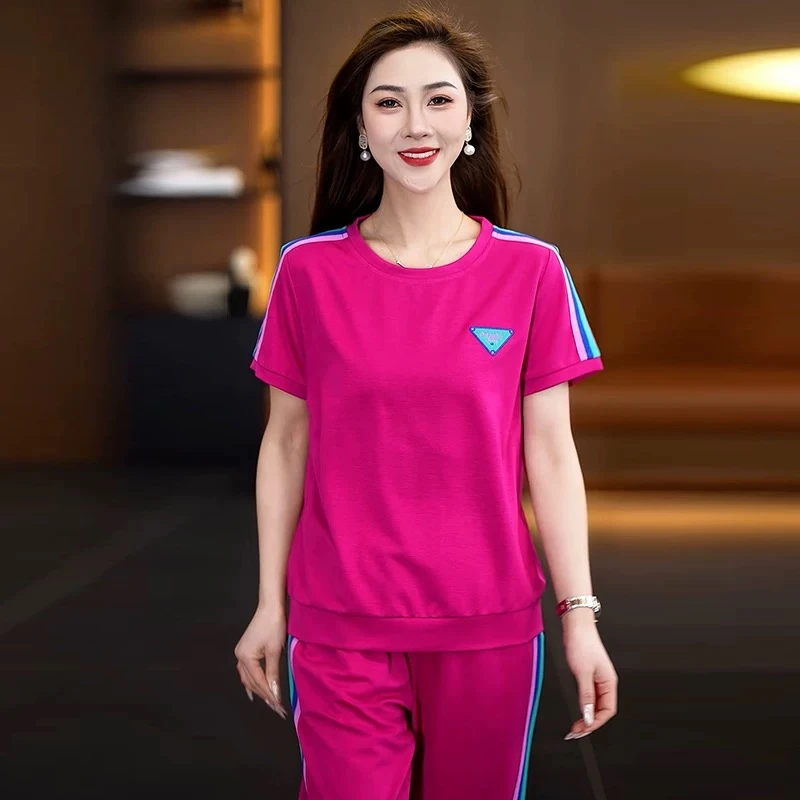 运动套装女2025新款夏季时尚洋气减龄显瘦圆领短袖长裤两件套8926