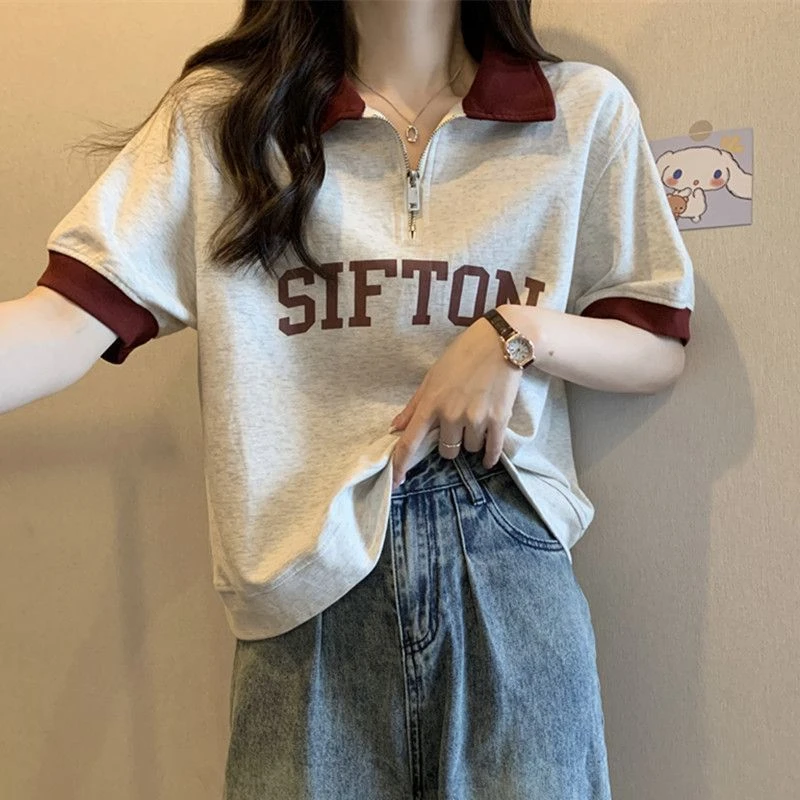 200斤大码夏季遮肚子POLO领正肩短袖T恤女胖mm宽松显瘦拉链上衣潮