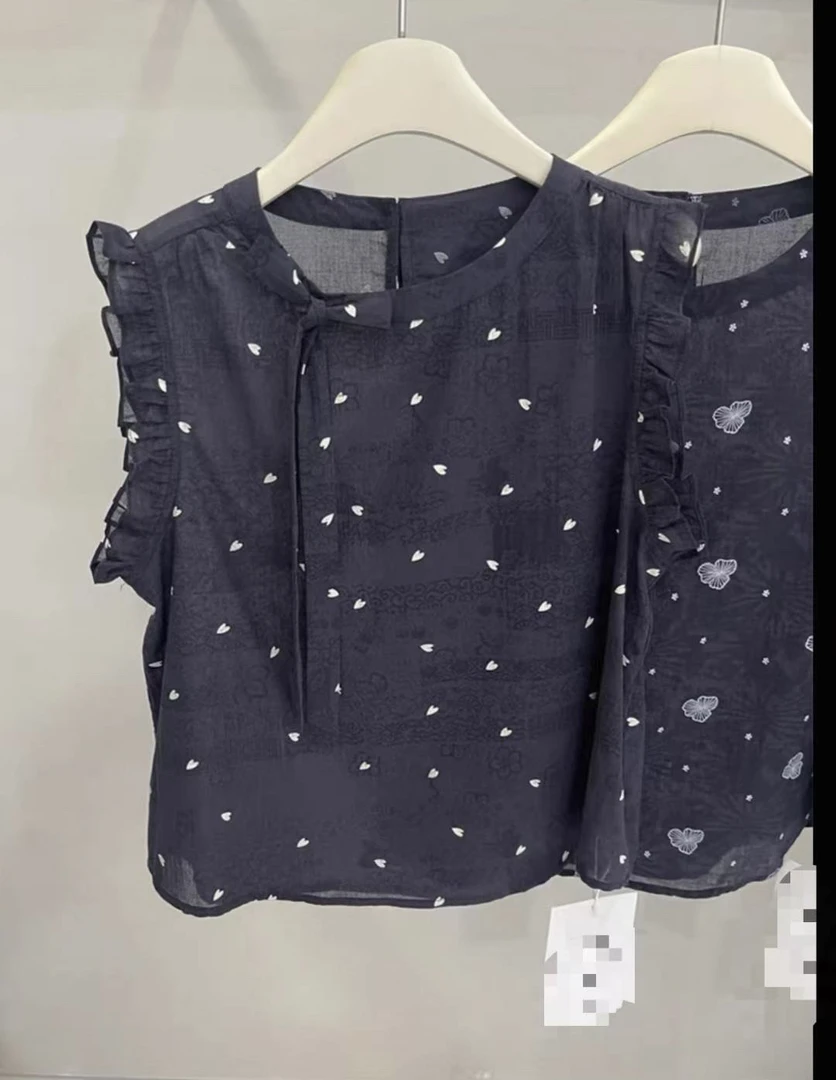 韩系时尚百搭圆领无袖印花设计感小众风格