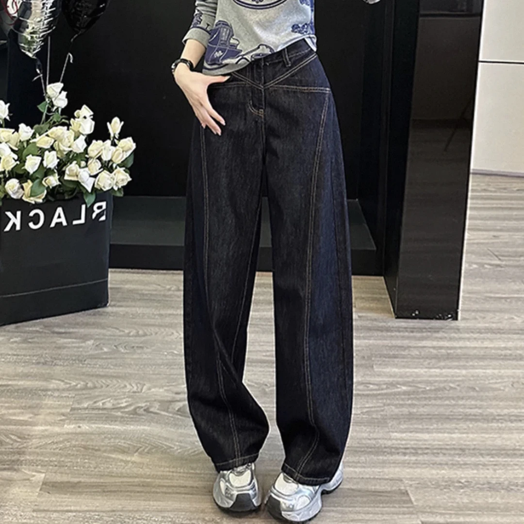 D50516高腰显瘦丹宁蓝阔腿牛仔裤美式复古直筒牛仔裤