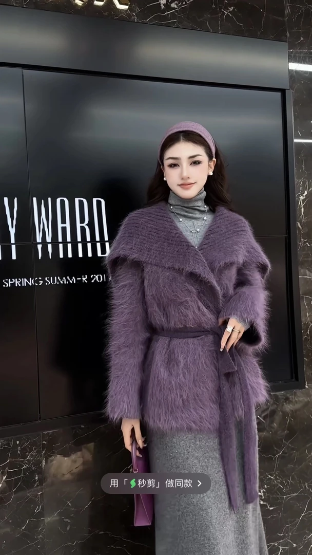 【韩货】雪狐绒 新款时尚气质拼接大翻领真毛长毛腰带毛衣加厚外套