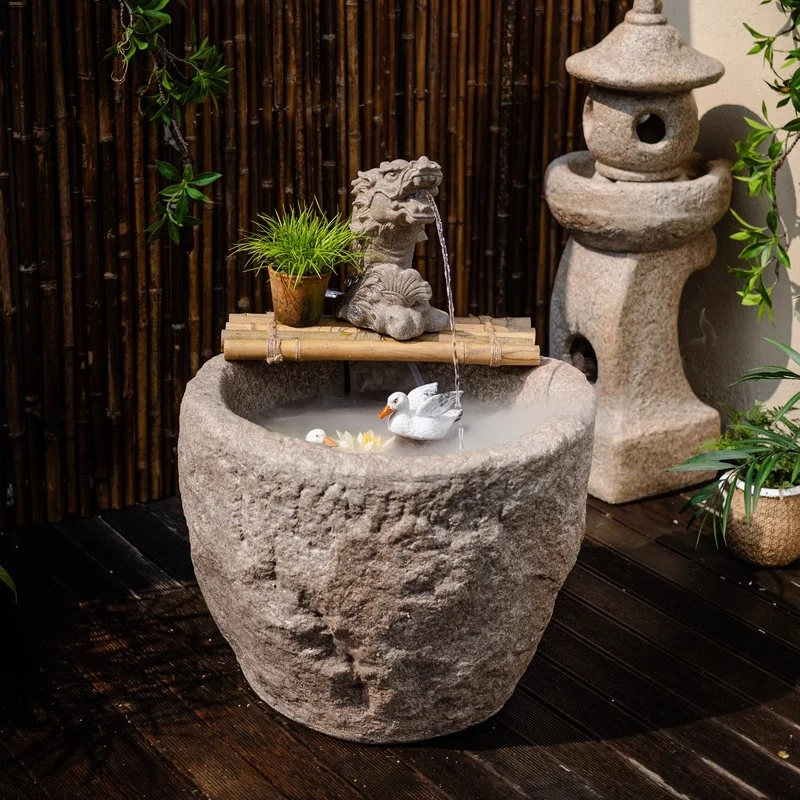 传技庭院复古假山喷泉景观民宿花园落地流水鱼池禅意阳台造景装饰