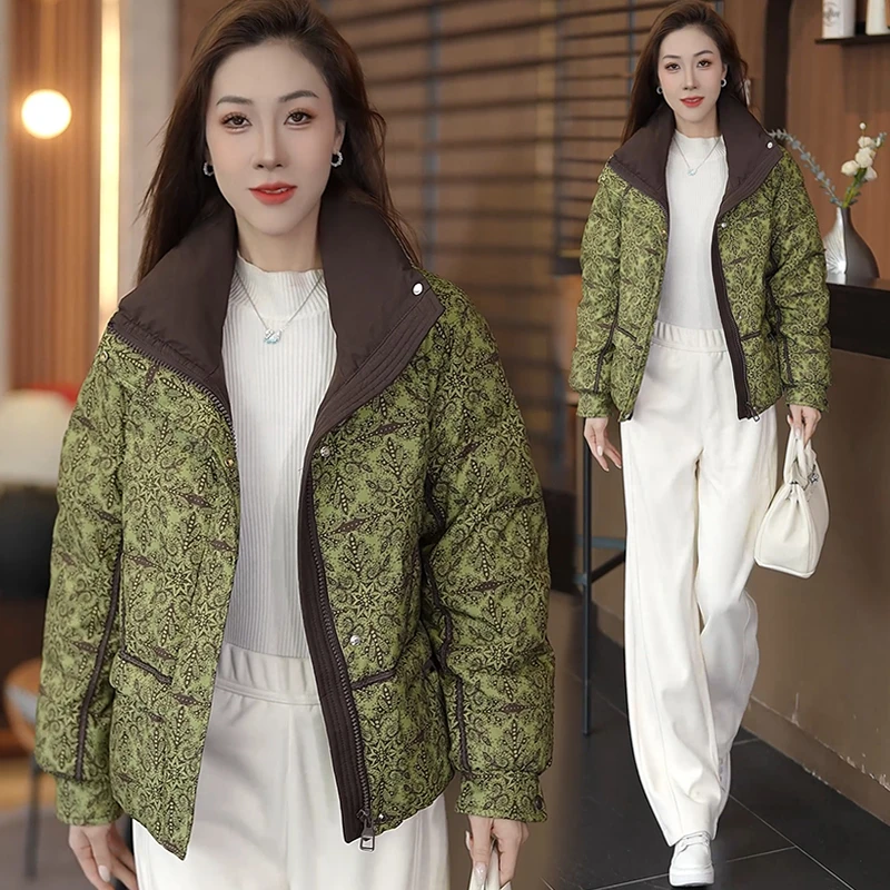 复古印花短款棉服女2025冬季新款洋气立领保暖冬季加厚棉衣外套潮