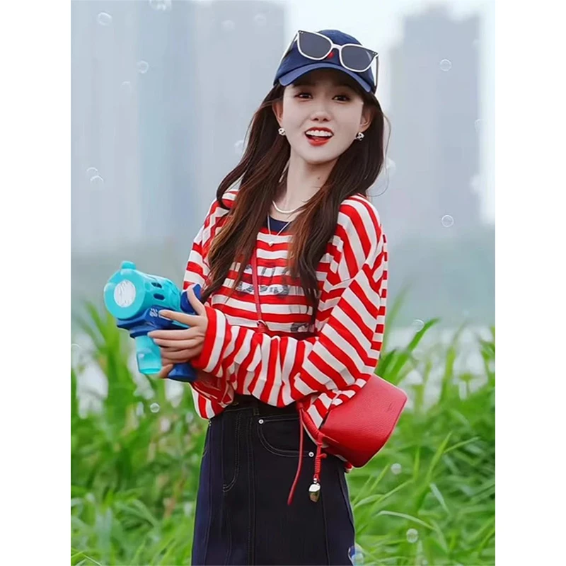 今年流行撞色条纹薄款长袖T恤女夏季2025年慵懒宽松防晒罩衫上衣