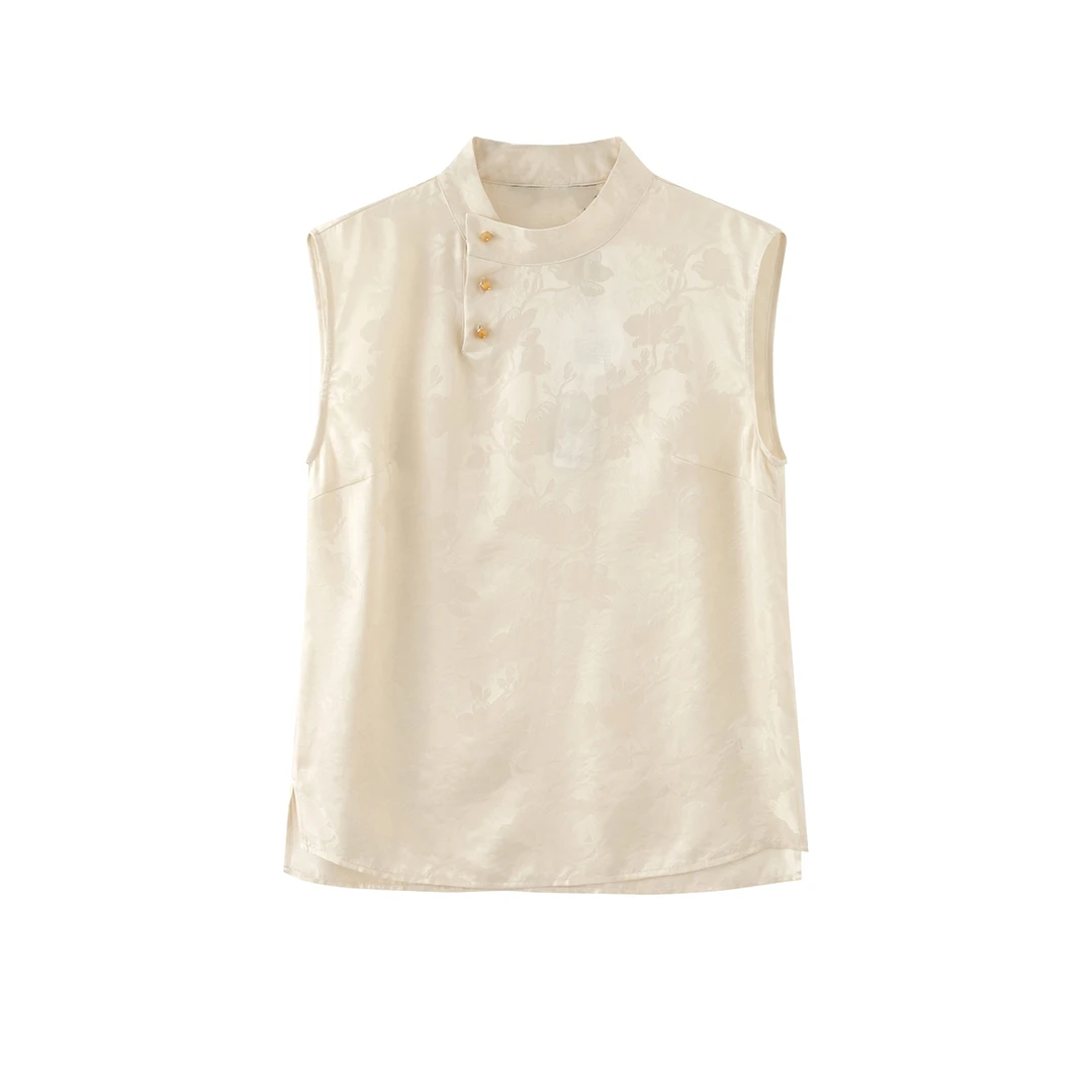 25年艾家夏季新中式新款立领无袖斜口提花无袖衬衫上衣-5054