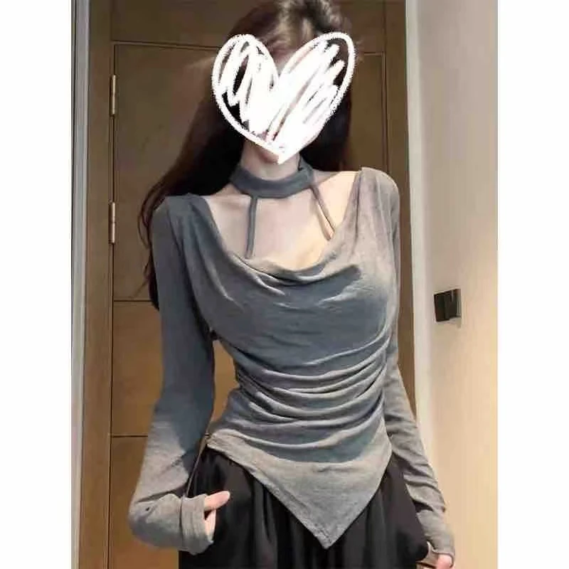 2222纯欲风设计感长袖荡领T恤打底衫女新款不规则辣妹挂脖上衣潮