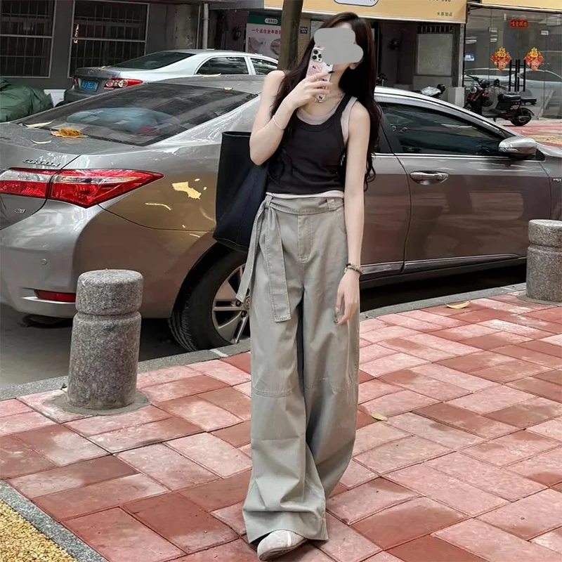 小个子简约高腰垂坠感休闲裤女夏季新款美式时髦百搭阔腿长裤子潮