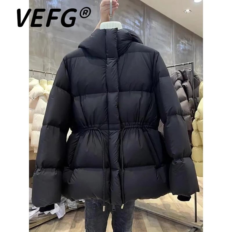 VEFG小香风高端奢华设计感黑色收腰连帽棉衣外套女2025冬季面包服