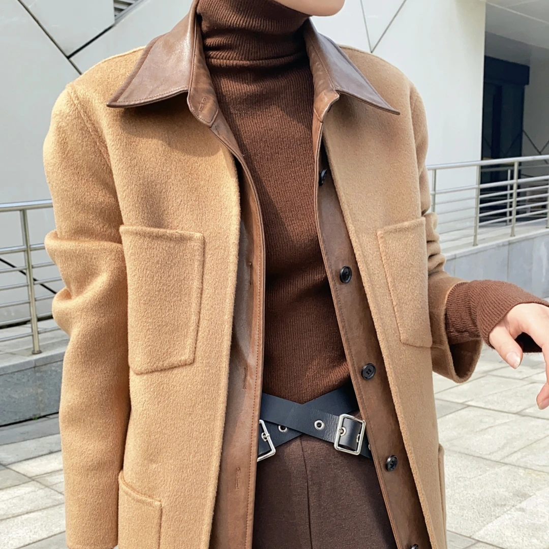 微阔保暖冬季时尚百搭毛呢宽松潮流双面羊绒大衣