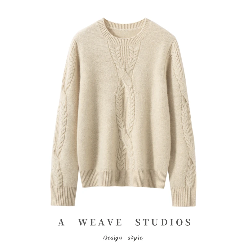 100%纯山羊绒女士加厚圆领绞花套头宽松保暖针织打底衫