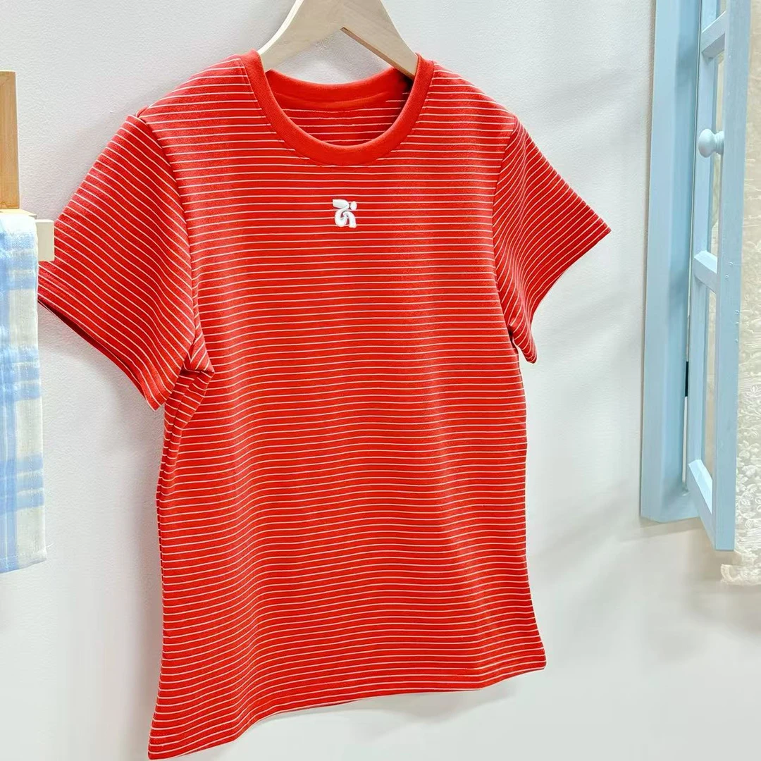 【红色条纹】韩系撞色条纹刺绣圆领小个子正肩短袖T恤合身柔软亲肤
