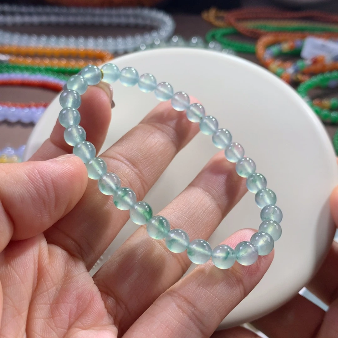 翡翠未镶嵌手链高冰薄荷绿飘花单圈 卡6