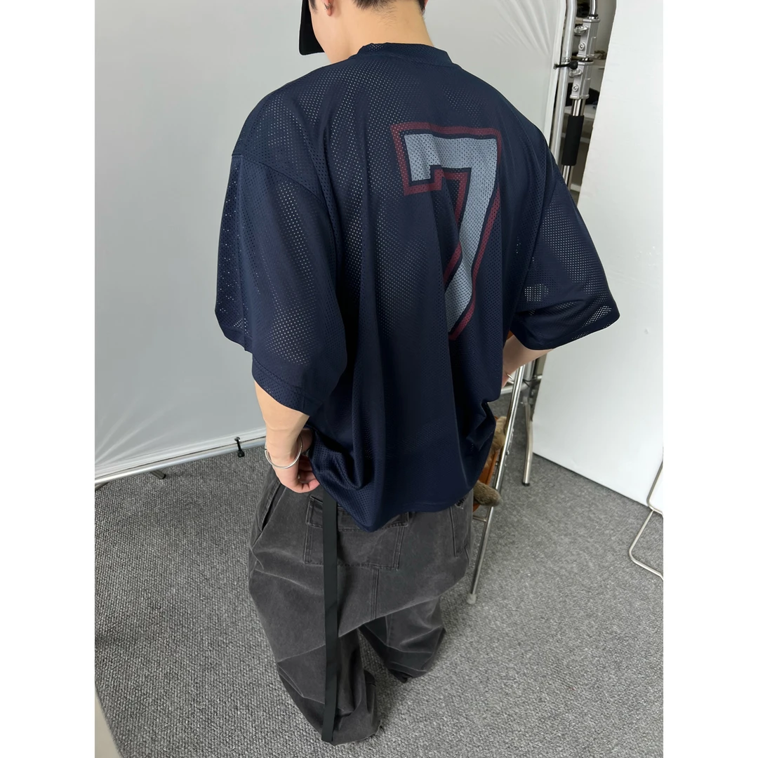 dannyandzee夏季复古球衣街头网眼数字印花大版型短袖T恤748-2