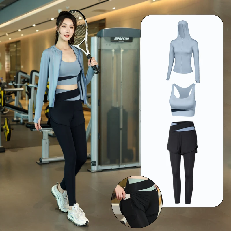 时尚瑜伽服套装女秋季带胸垫运动长袖上衣显瘦普拉提训练健身套装