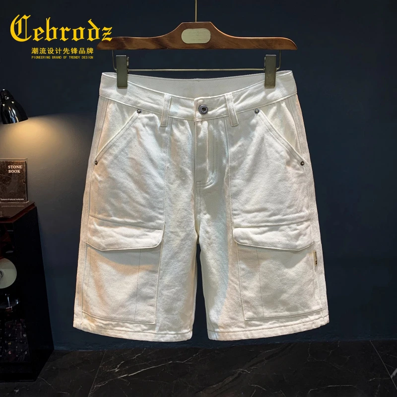 法国Cebrodz白色工装短裤男夏季薄款牛仔五分裤100全棉直筒中裤男