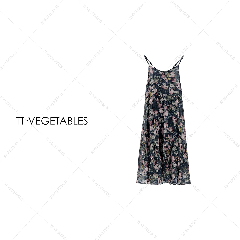 TT・VEGETABLES【序白】绿花  复古花卉图案时尚碎花吊带长裙515936