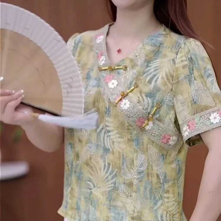 斜襟短袖薄款夏季印染提花休闲上衣常规款气质新中式短袖2025