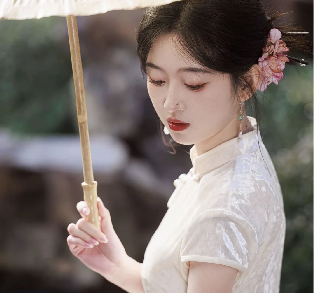 8877-白月光丝绒高端弹力旗袍中国风夏日显瘦清凉国风新中式旗袍